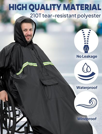 Waterproof Wheelchair Poncho - Hooded, Lightweight & Windproof Adult
