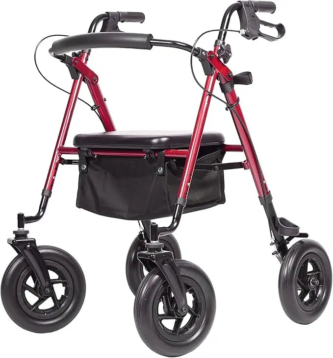 Adjustable All-Terrain Rollator Walker for Seniors (4’8”-6’4”), 10” Anti-Slip Rubber Wheels, Ergonomic Padded Memory Foam Seat, Padded Foam Backrest, Under-Seat Storage Basket