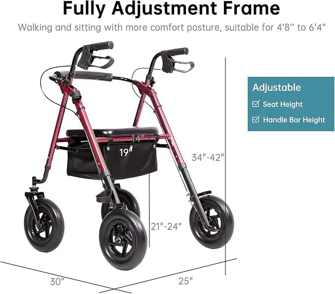 Adjustable All-Terrain Rollator Walker for Seniors (4’8”-6’4”), 10” Anti-Slip Rubber Wheels, Ergonomic Padded Memory Foam Seat, Padded Foam Backrest, Under-Seat Storage Basket