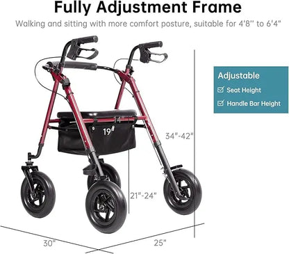 Adjustable All-Terrain Rollator Walker for Seniors (4’8”-6’4”), 10” Anti-Slip Rubber Wheels, Ergonomic Padded Memory Foam Seat, Padded Foam Backrest, Under-Seat Storage Basket