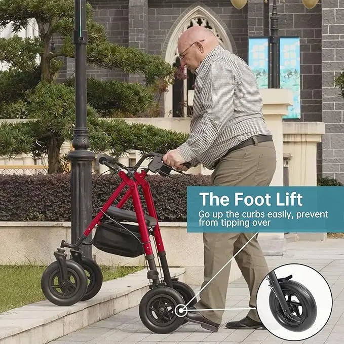 Adjustable All-Terrain Rollator Walker for Seniors (4’8”-6’4”), 10” Anti-Slip Rubber Wheels, Ergonomic Padded Memory Foam Seat, Padded Foam Backrest, Under-Seat Storage Basket