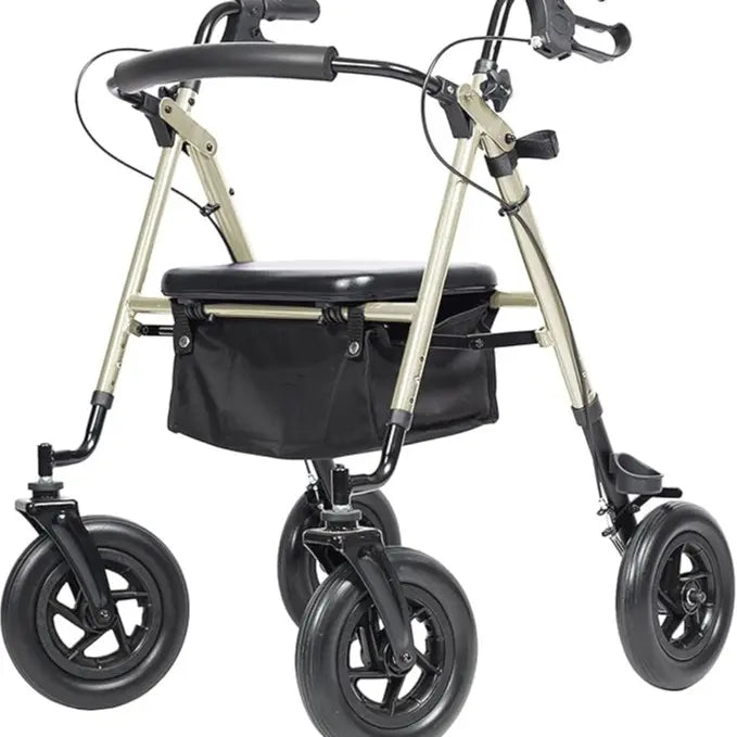 Adjustable All-Terrain Rollator Walker for Seniors (4’8”-6’4”), 10” Anti-Slip Rubber Wheels, Ergonomic Padded Memory Foam Seat, Padded Foam Backrest, Under-Seat Storage Basket