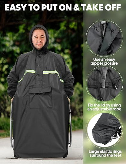 Waterproof Wheelchair Poncho - Hooded, Lightweight & Windproof Adult