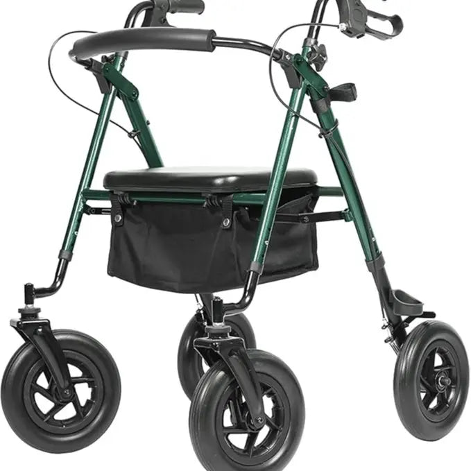 Adjustable All-Terrain Rollator Walker for Seniors (4’8”-6’4”), 10” Anti-Slip Rubber Wheels, Ergonomic Padded Memory Foam Seat, Padded Foam Backrest, Under-Seat Storage Basket