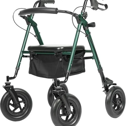 Adjustable All-Terrain Rollator Walker for Seniors (4’8”-6’4”), 10” Anti-Slip Rubber Wheels, Ergonomic Padded Memory Foam Seat, Padded Foam Backrest, Under-Seat Storage Basket
