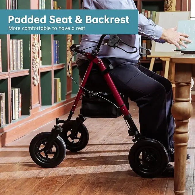 Adjustable All-Terrain Rollator Walker for Seniors (4’8”-6’4”), 10” Anti-Slip Rubber Wheels, Ergonomic Padded Memory Foam Seat, Padded Foam Backrest, Under-Seat Storage Basket