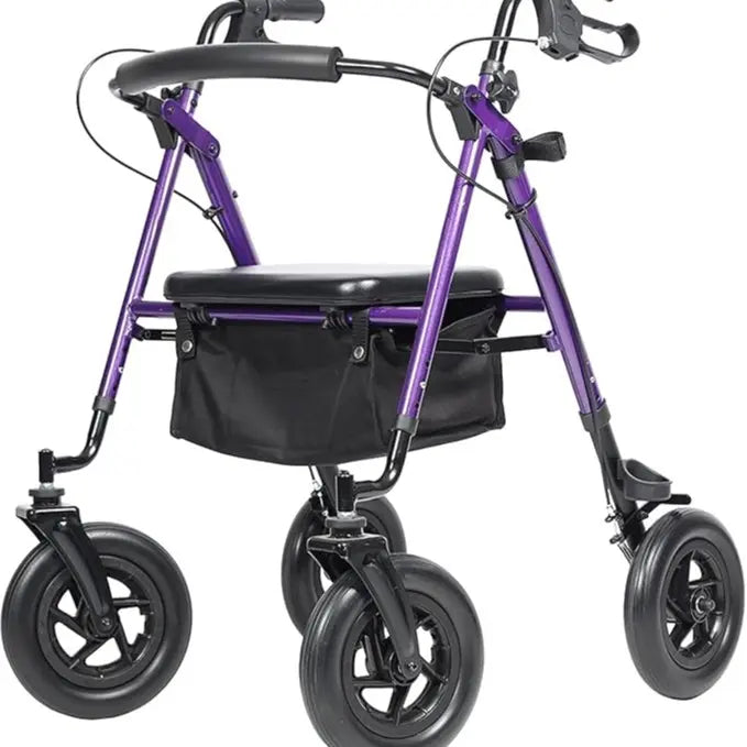 Adjustable All-Terrain Rollator Walker for Seniors (4’8”-6’4”), 10” Anti-Slip Rubber Wheels, Ergonomic Padded Memory Foam Seat, Padded Foam Backrest, Under-Seat Storage Basket