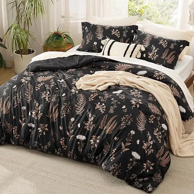 🌺 3 Pieces Cute Floral Bedding Reversible Comforter Set -Soft Bed Set, 1 Soft Botanical Flowers Comforter and 2 Pillow Shams
