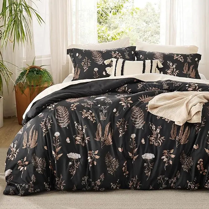 🌺 3 Pieces Cute Floral Bedding Reversible Comforter Set -Soft Bed Set, 1 Soft Botanical Flowers Comforter and 2 Pillow Shams