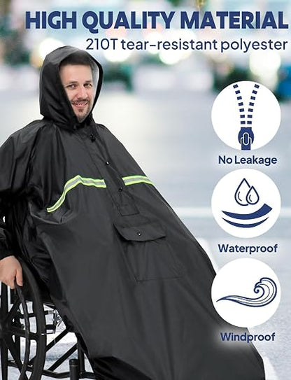 Waterproof Wheelchair Poncho - Hooded, Lightweight & Windproof Adult