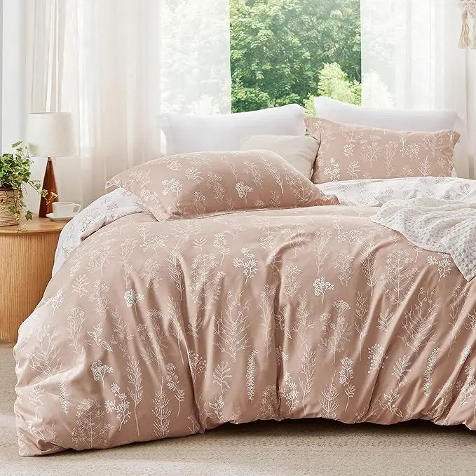 🌺 3 Pieces Cute Floral Bedding Reversible Comforter Set -Soft Bed Set, 1 Soft Botanical Flowers Comforter and 2 Pillow Shams