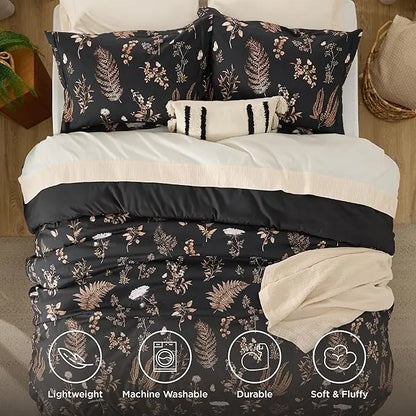 🌺 3 Pieces Cute Floral Bedding Reversible Comforter Set -Soft Bed Set, 1 Soft Botanical Flowers Comforter and 2 Pillow Shams